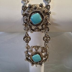 VTG 60sBohoTurquoise Victorian Revival Faux Cabochon 7.5" Bracelet Clip Closure